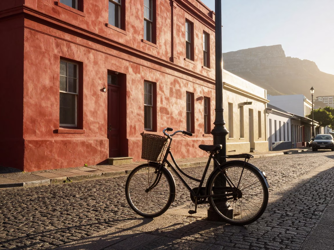 Cape Town Morning Street Scene with Vintage Bicycle and Local Bakery Basket in in Cape Town, South Africa