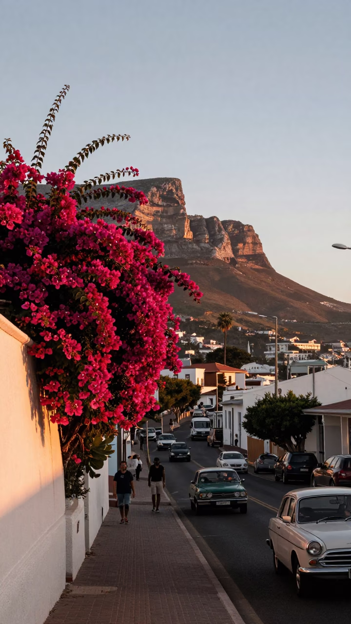 Cape Town Nautical Dawn Street Scene with Bougainvillea and Busy Traffic in in Cape Town, South Africa