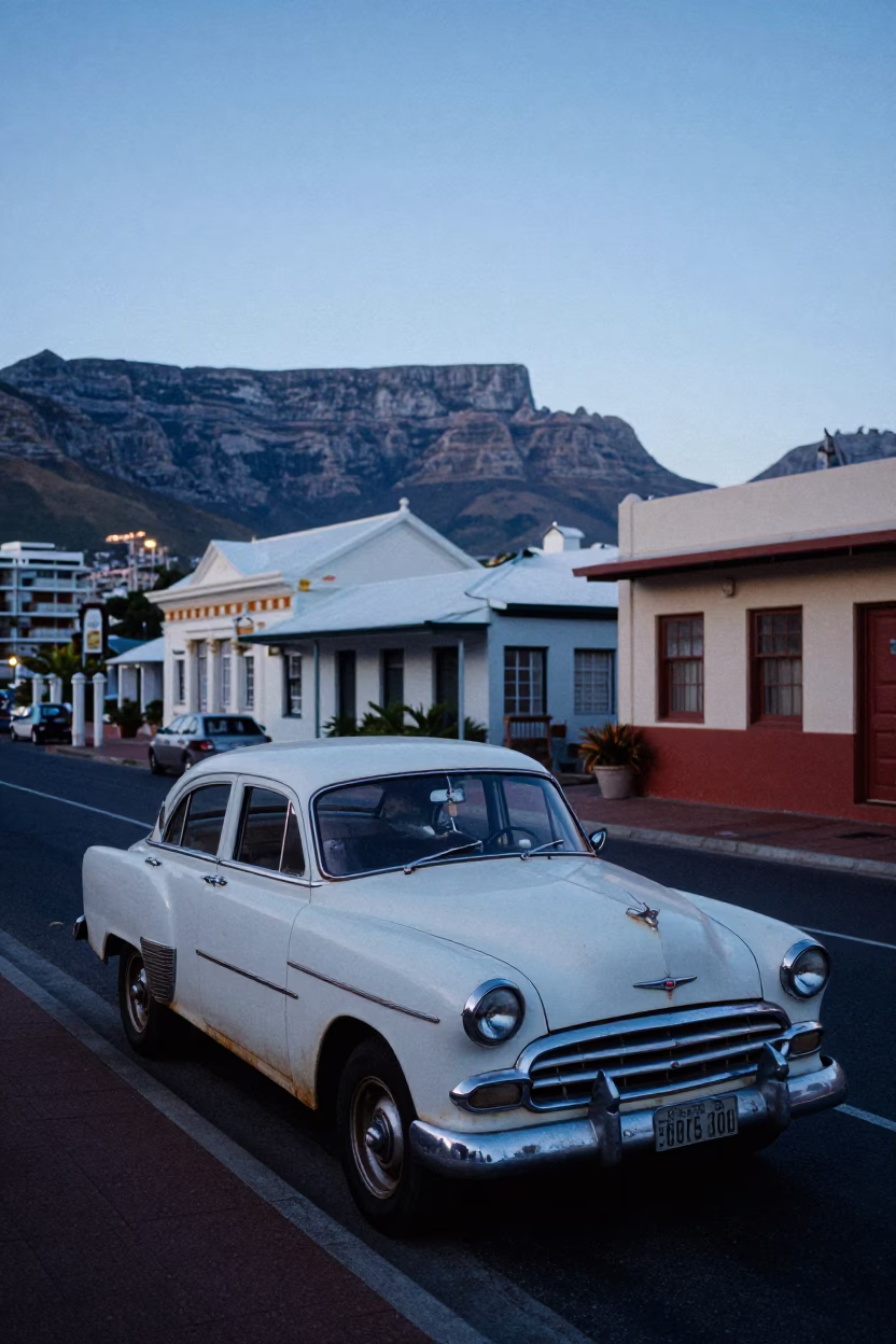 Cape Town Nautical Dawn Street Scene with Vintage Car and Local Vendor in in Cape Town, South Africa