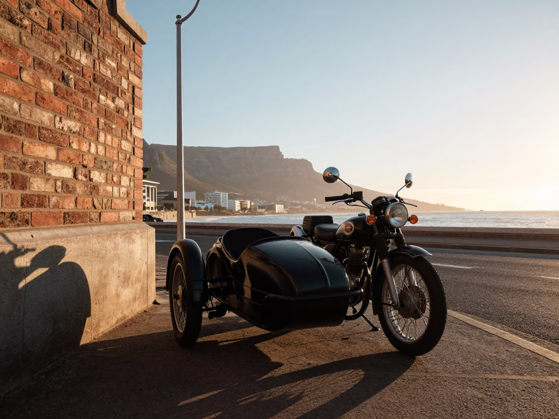 Cape Town Nautical Dawn Street Scene with Vintage Motorcycle Sidecar in in Cape Town, South Africa