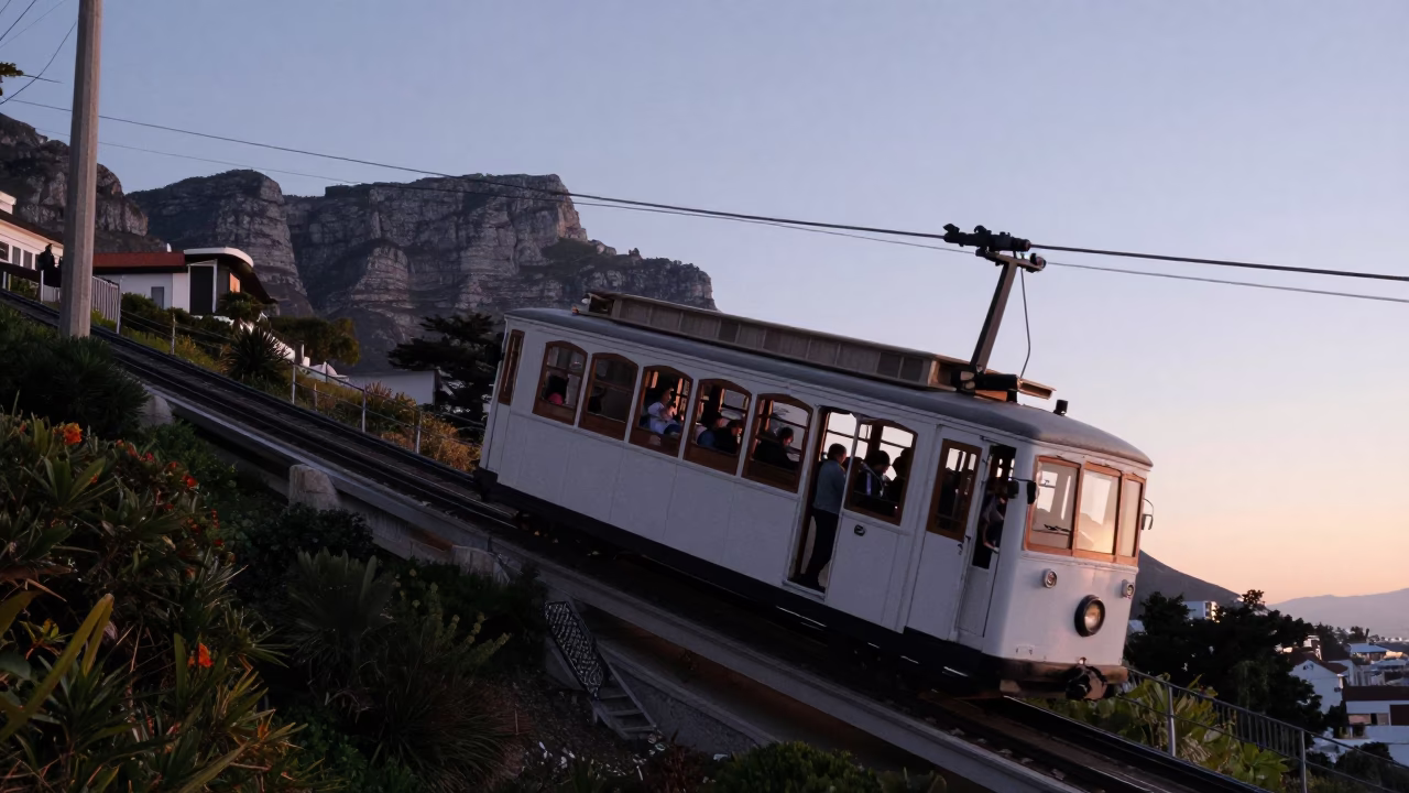 Cape Town Nautical Dawn Tram Climbing Steep Hill with Leaf Shadows in in Cape Town, South Africa