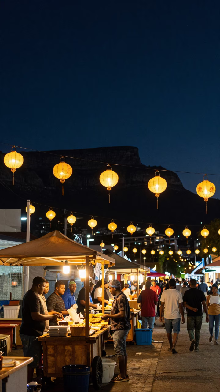 Cape Town Night Market Under Deep Sky With Lanterns And Steamboat in in Cape Town, South Africa