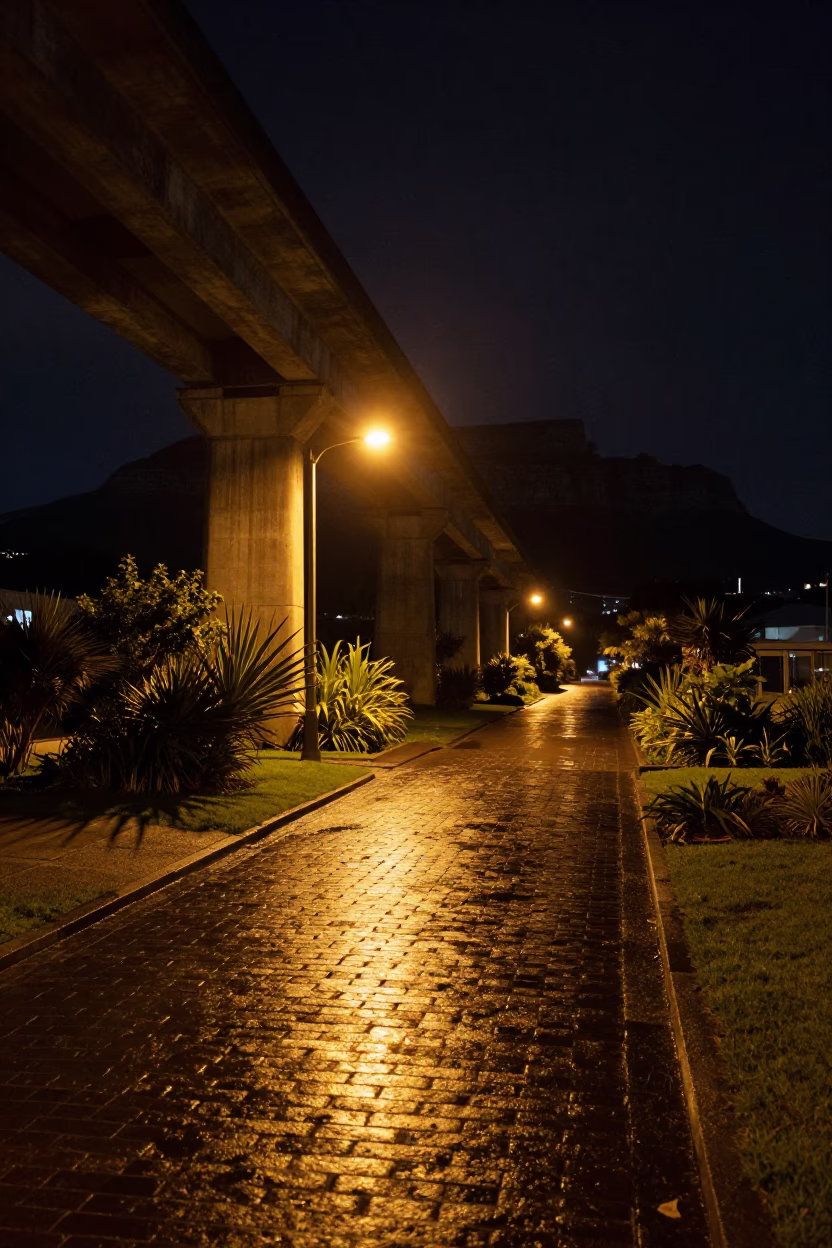 Cape Town Night Scene with Viaduct Shadow Over Allotment Gardens After Rain in in Cape Town, South Africa