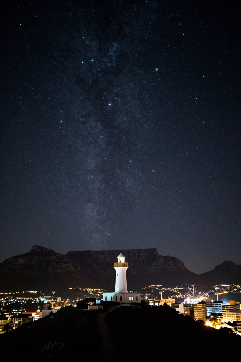 Cape Town Night Sky Over Signal Hill and Harbor Beacon in in Cape Town, South Africa