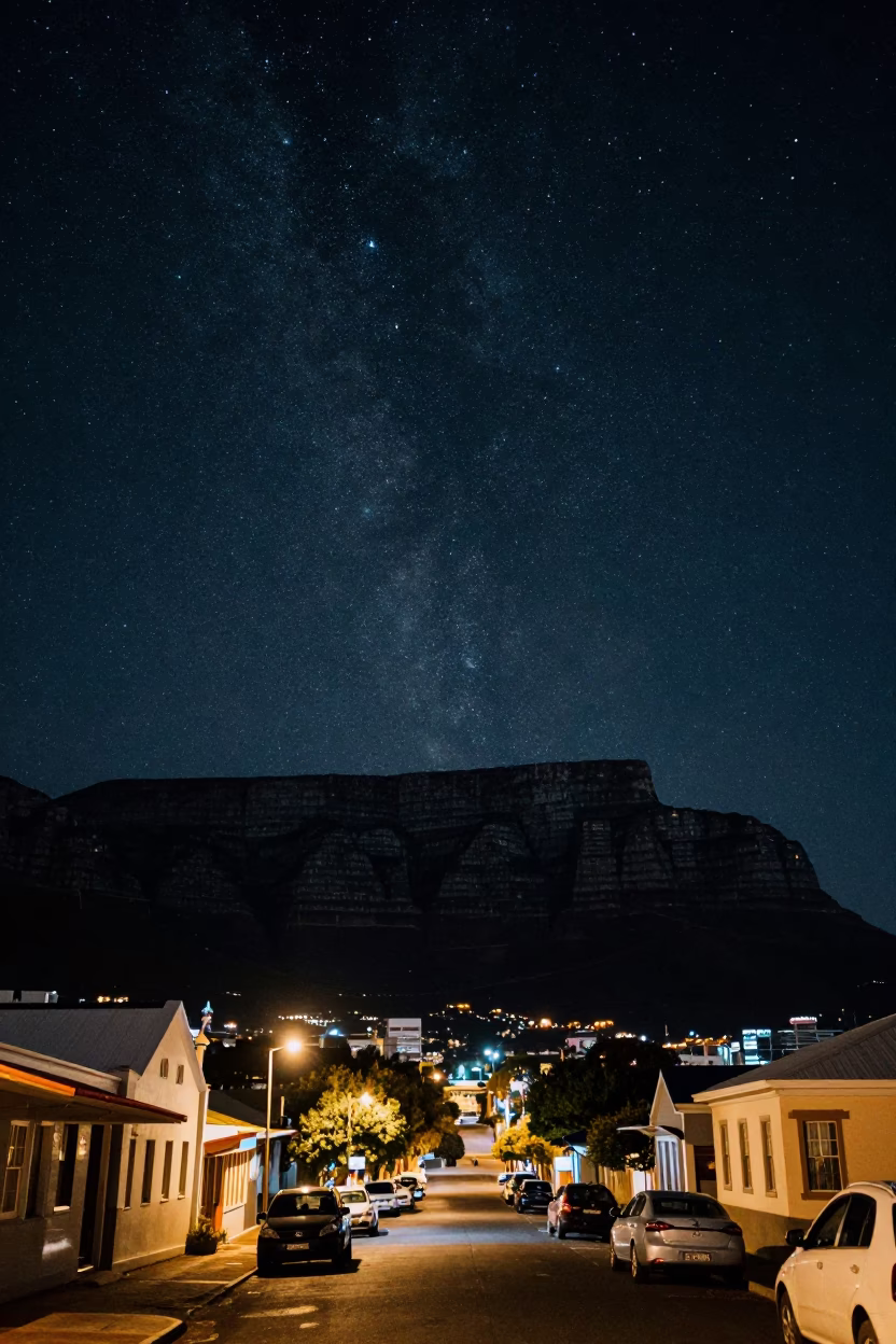 Cape Town Night Sky Over Table Mountain with Local Street Life and Urban Details in in Cape Town, South Africa