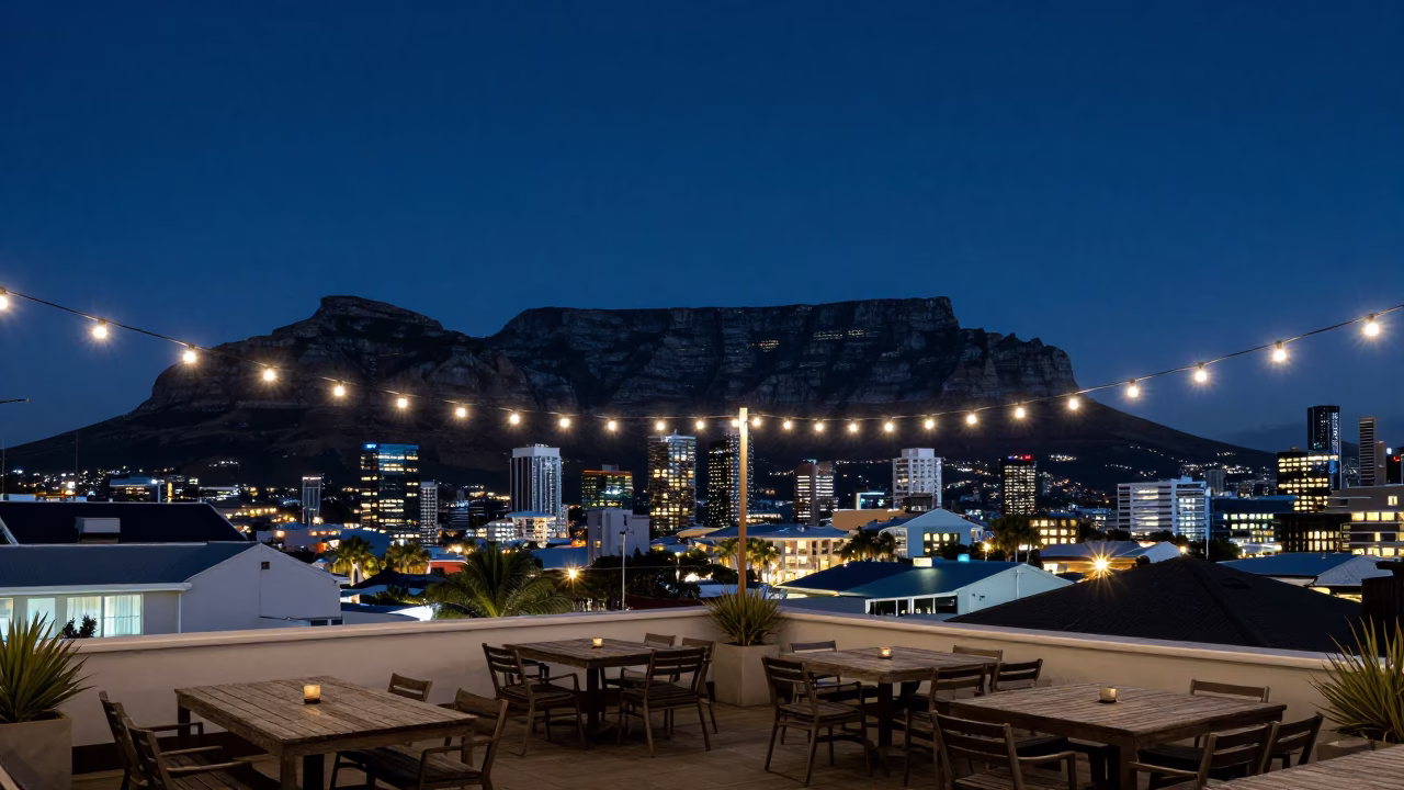 Cape Town Night Skyline View with String Lights and Table Mountain Silhouette in in Cape Town, South Africa