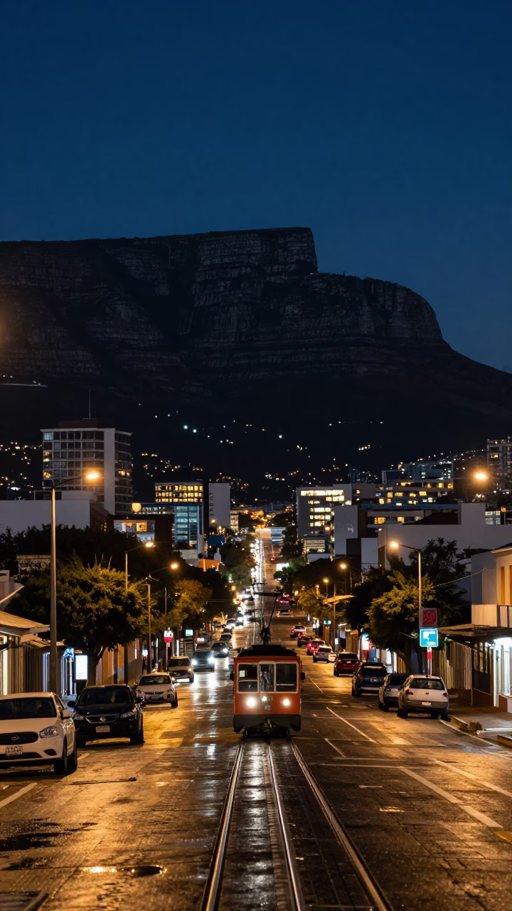 Cape Town Night Street Scene with Funicular and Local Life in in Cape Town, South Africa