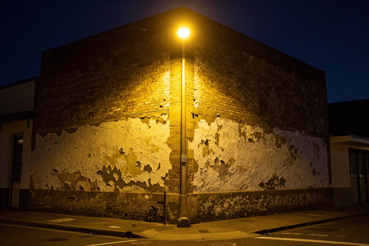 Cape Town Night Street Scene with Peeling Paint and Streetlight Reflections in in Cape Town, South Africa