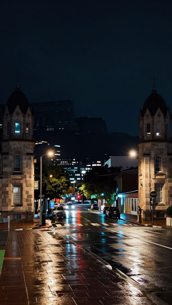 Cape Town Night Street Scene with University Archway and Wet Bicycle Rack in in Cape Town, South Africa