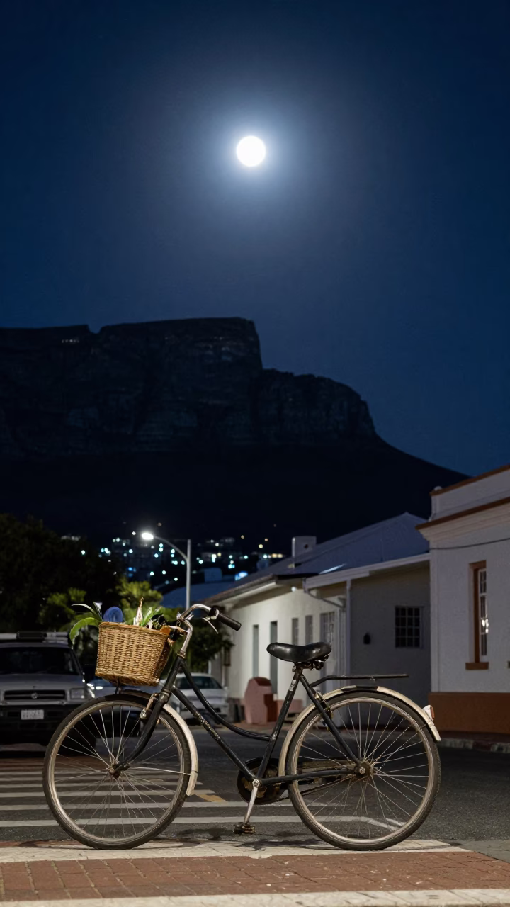 Cape Town Night Street Scene with Vintage Bicycle and Moonlit Mountain Backdrop in in Cape Town, South Africa