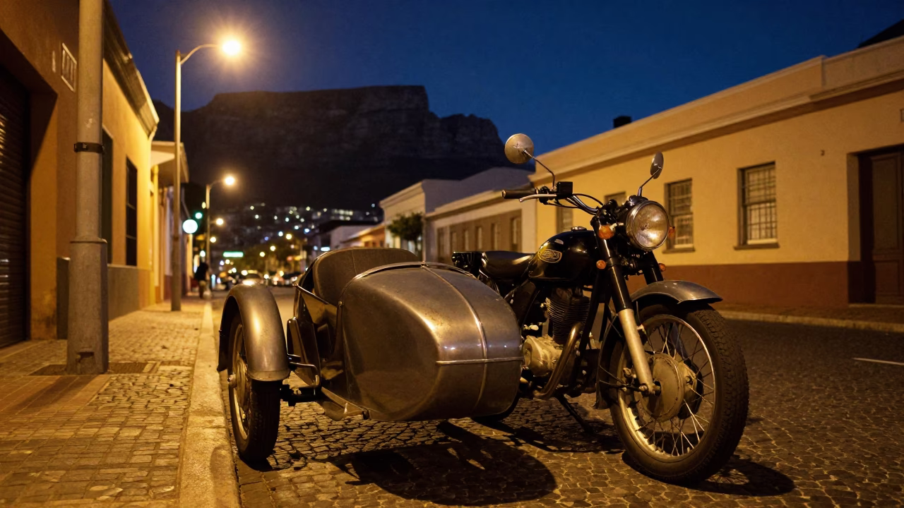 Cape Town Night Street Scene with Vintage Motorcycle Sidecar Under Deep Starry Sky in in Cape Town, South Africa
