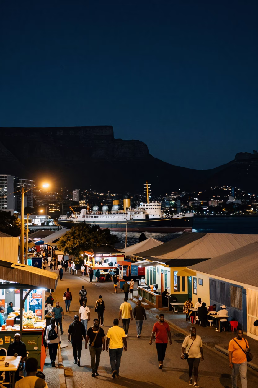 Cape Town Night Street Scene with Vintage Steamship and Local Market Activity in in Cape Town, South Africa