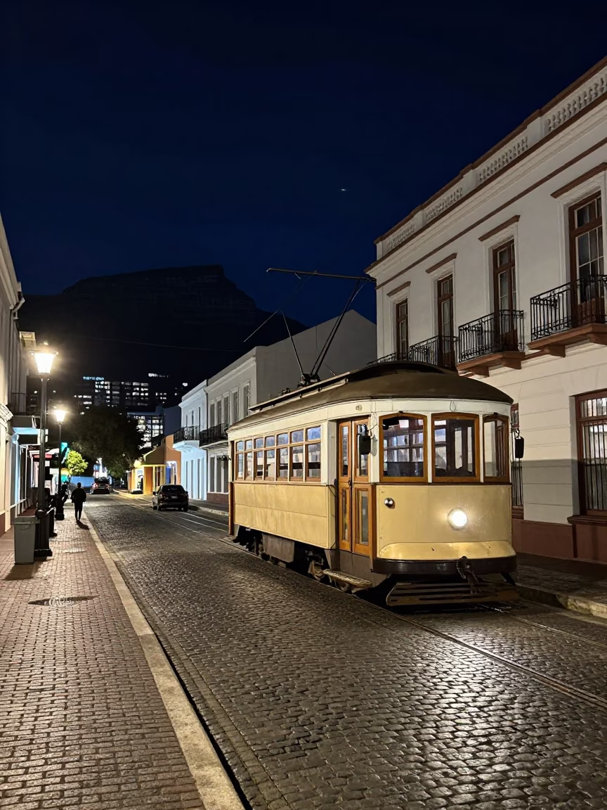 Cape Town Night Street Scene With Vintage Tram And Cobblestones Under Deep Night Sky in in Cape Town, South Africa