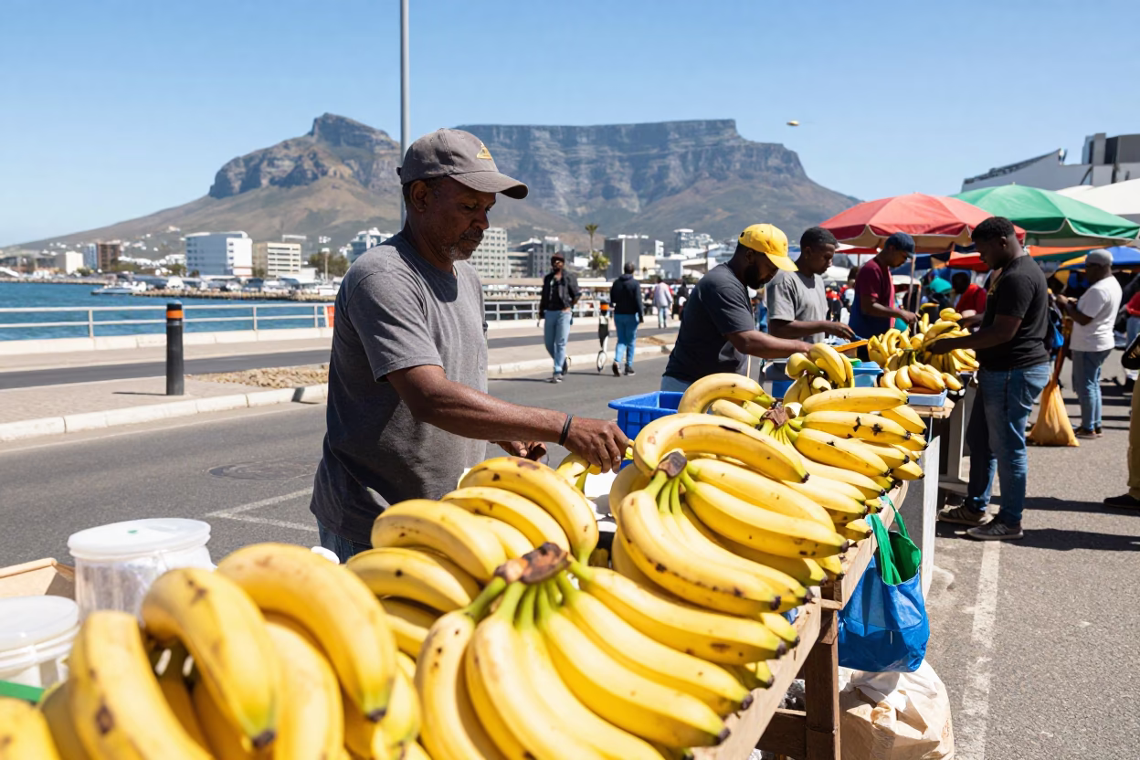 Cape Town Noon Market Scene with Bananas and Local Vendors in in Cape Town, South Africa
