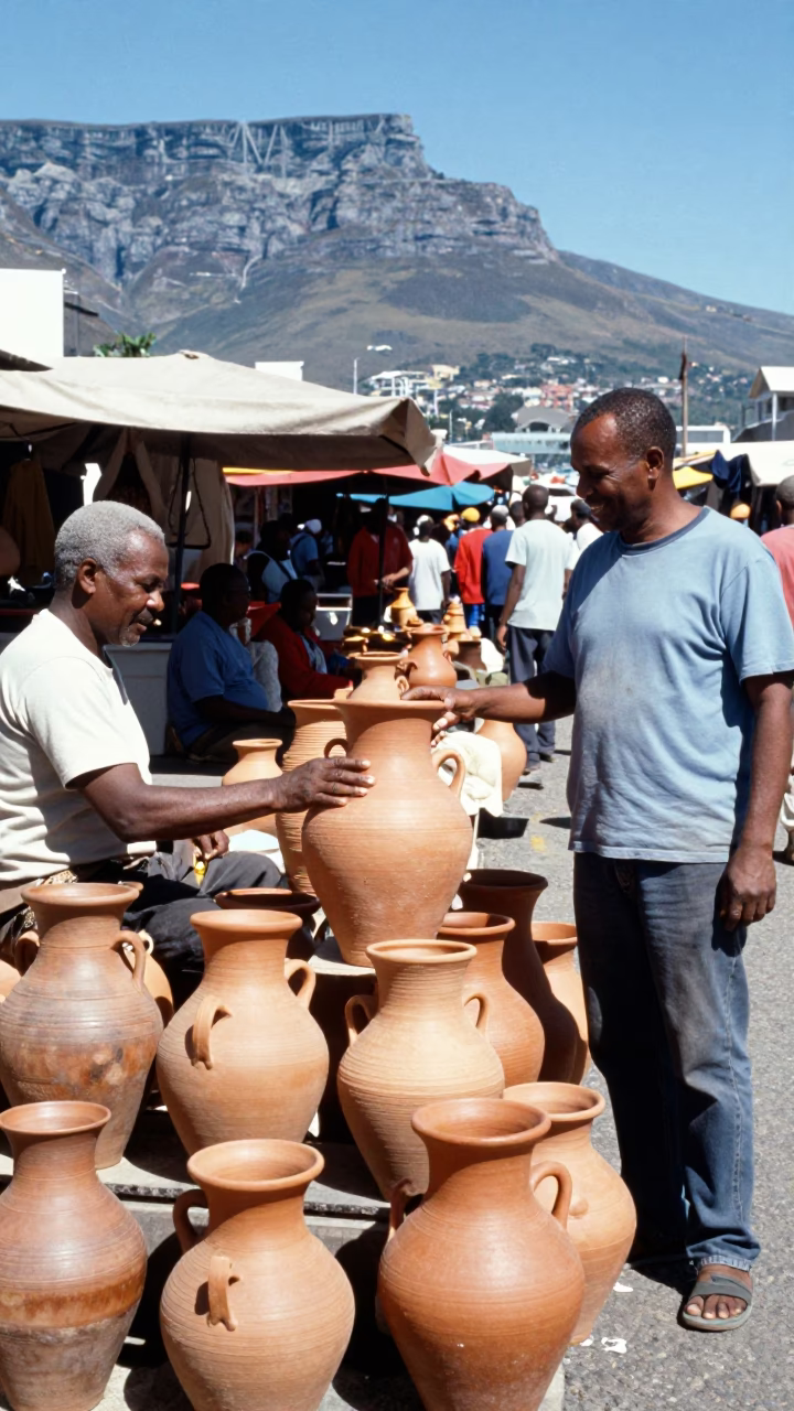 Cape Town Noon Street Market Scene with Clay Pots and Local Commerce in in Cape Town, South Africa