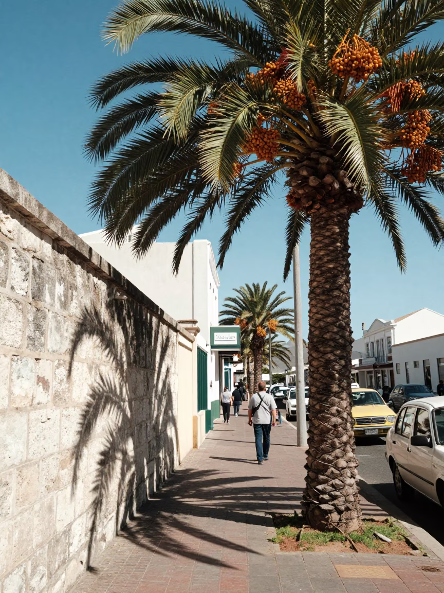 Cape Town Noon Street Scene with Date Palm and Vintage Jar on Table in in Cape Town, South Africa