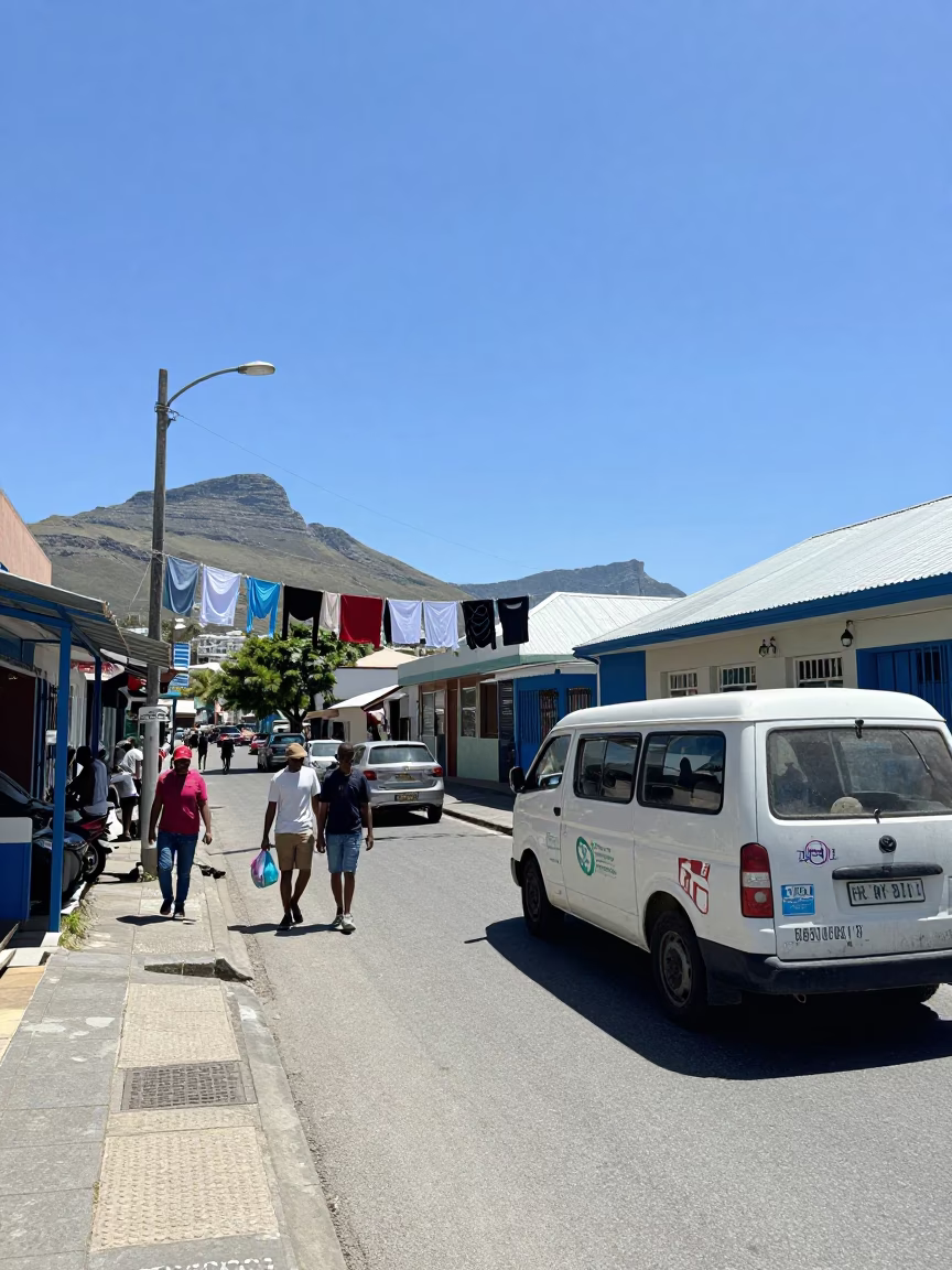 Cape Town Noon Street Scene with Laundry Lines and Local Commerce in in Cape Town, South Africa