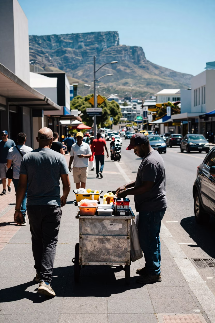 Cape Town Noon Street Scene with Local Vendor and Urban Details in in Cape Town, South Africa