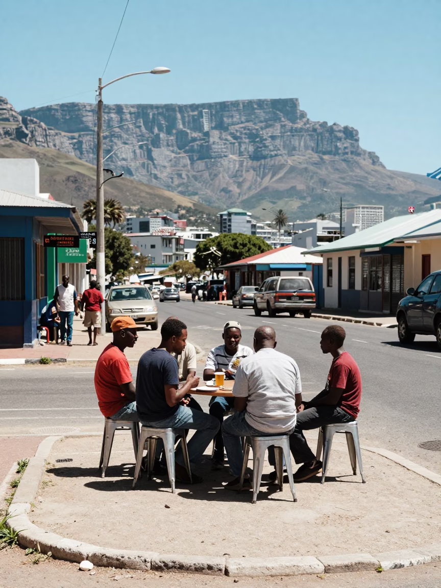 Cape Town Noon Street Scene with Metal Stools and Local Market Activity in in Cape Town, South Africa