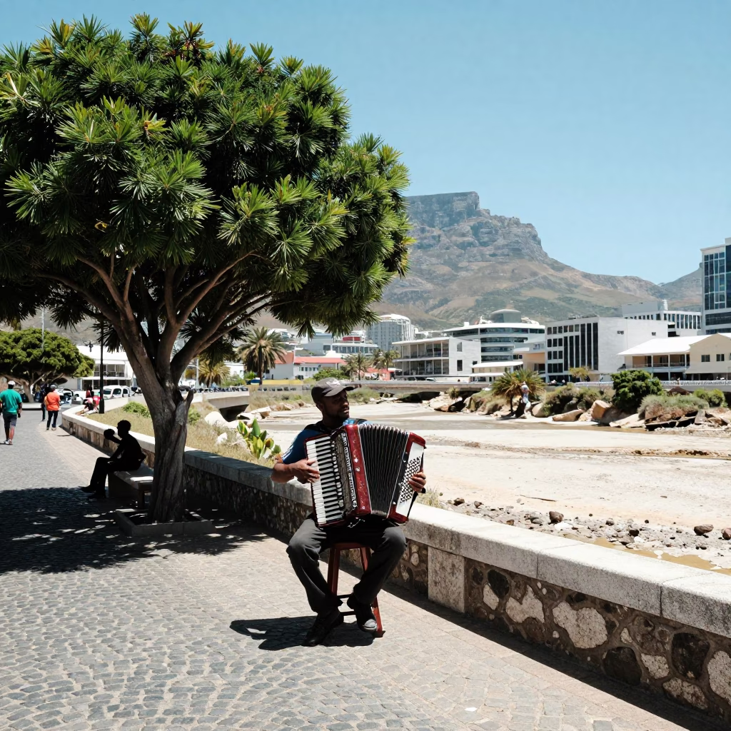 Cape Town Noon Street Scene with Tamarind Tree and Accordion Musician in in Cape Town, South Africa