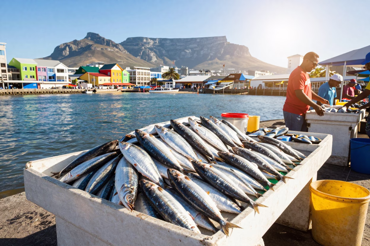 Cape Town Noon Sunlight on Waterfront Sardine Stall and Colorful Macarons in in Cape Town, South Africa