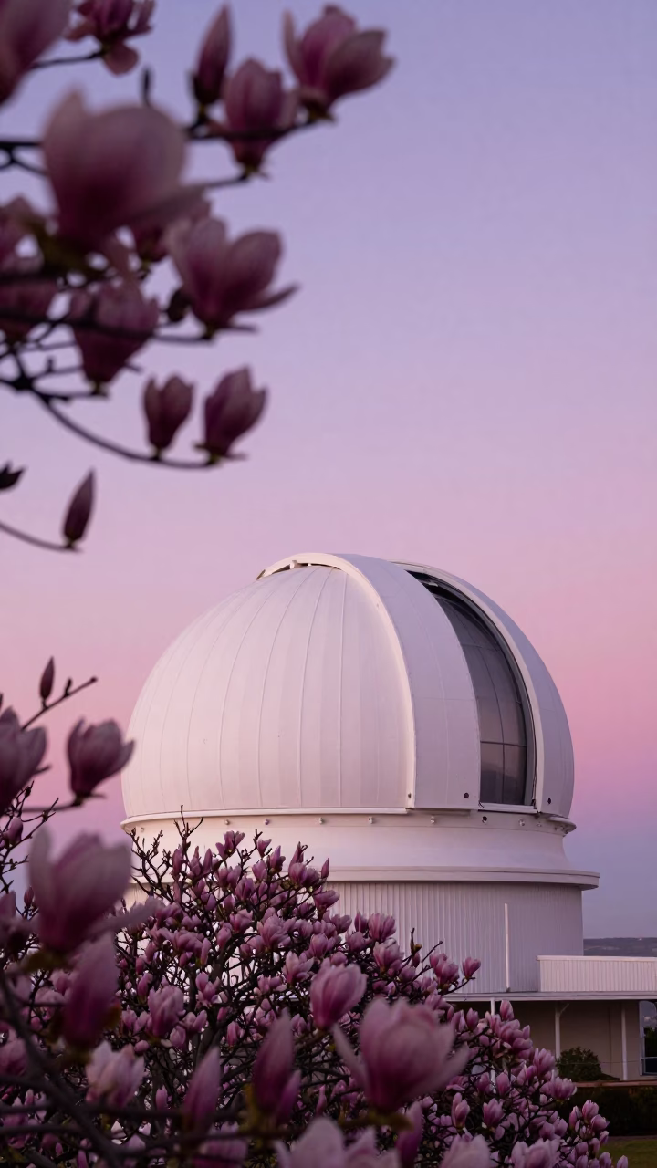 Cape Town Observatory Dome Dawn Sky and Magnolia Bloom Realistic Photograph in in Cape Town, South Africa