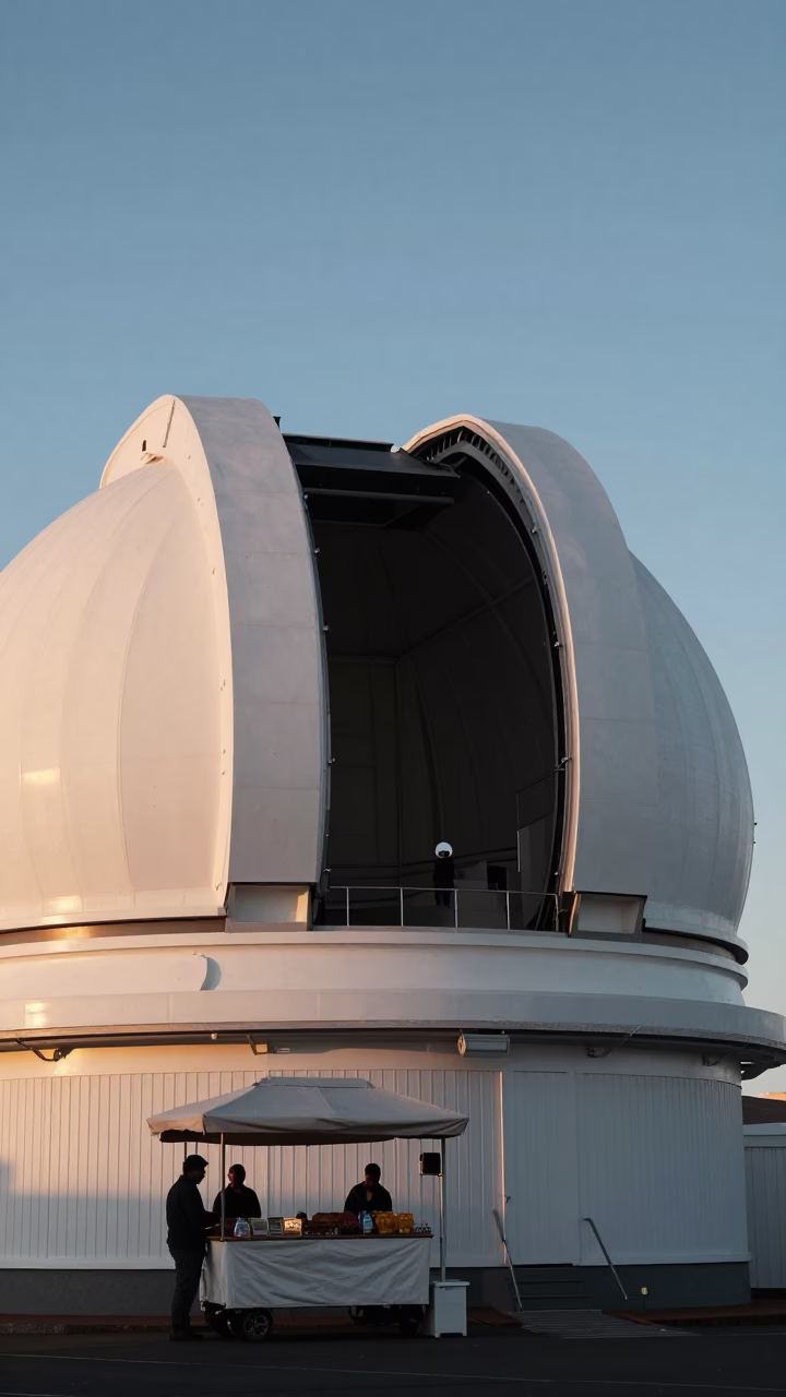 Cape Town Observatory Dome Opening at Dawn with Street Vendor Tea Setup in in Cape Town, South Africa