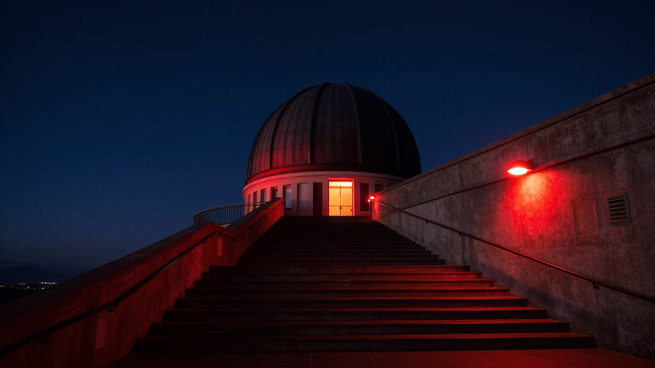 Cape Town Observatory Stairwell Night Scene with Dim Red Lighting and Urban Details in in Cape Town, South Africa