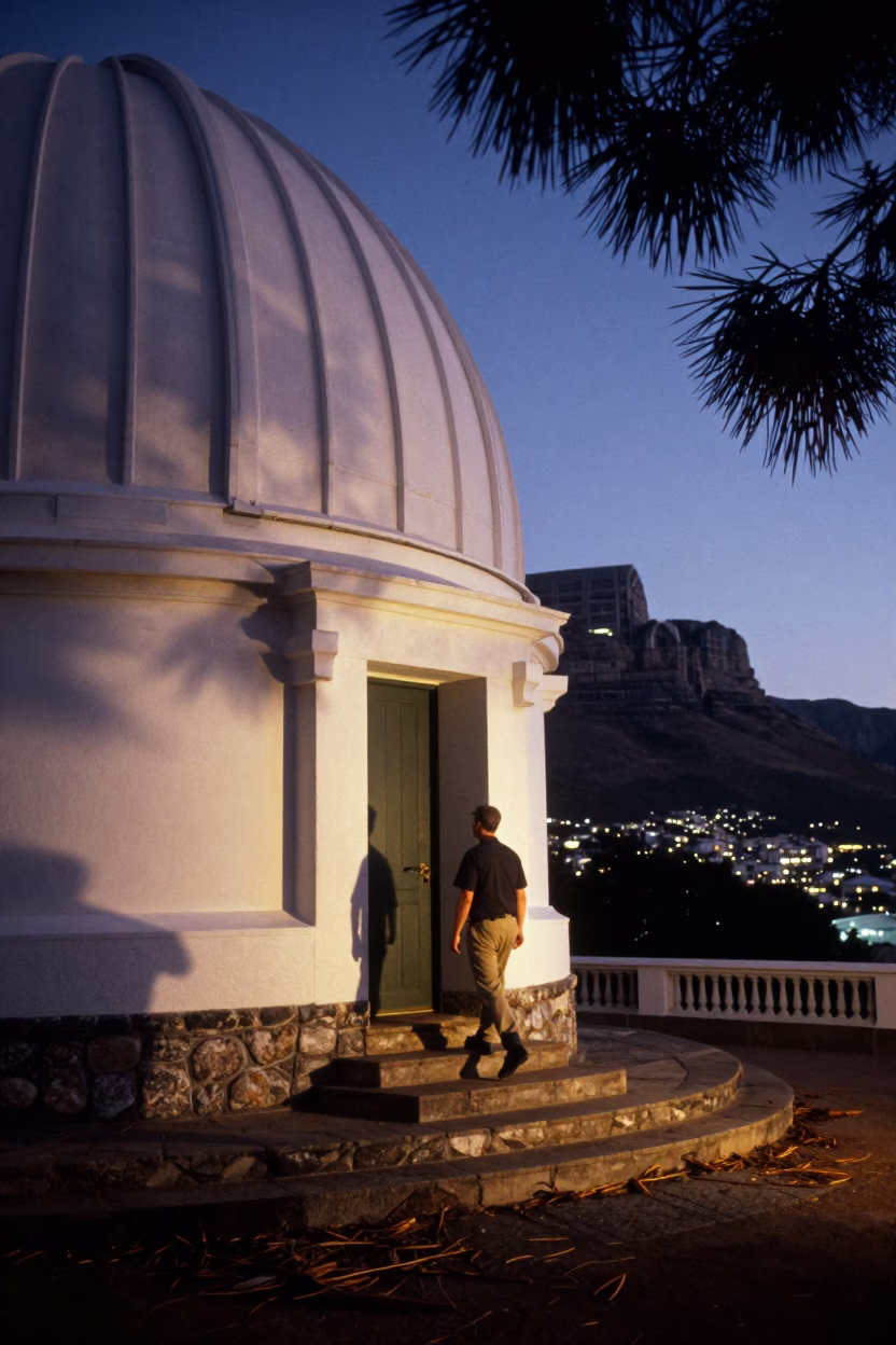 Cape Town Observatory Twilight Scene with Geologist and Cedar Needles in in Cape Town, South Africa