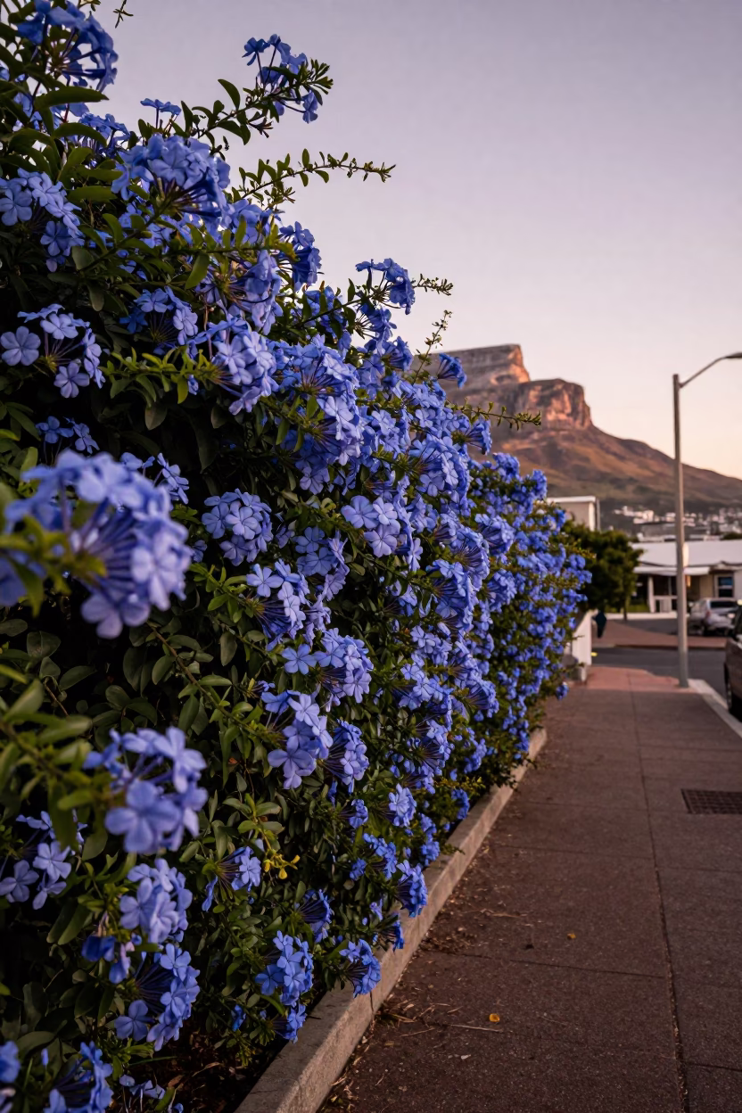 Cape Town Plumbago Hedge in Cornflower Blue Under Copper Dusk Light in in Cape Town, South Africa