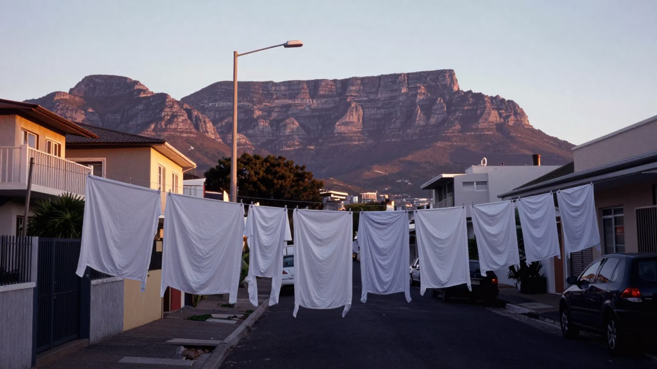 Cape Town pre-dawn street scene with laundry lines and urban architecture in in Cape Town, South Africa