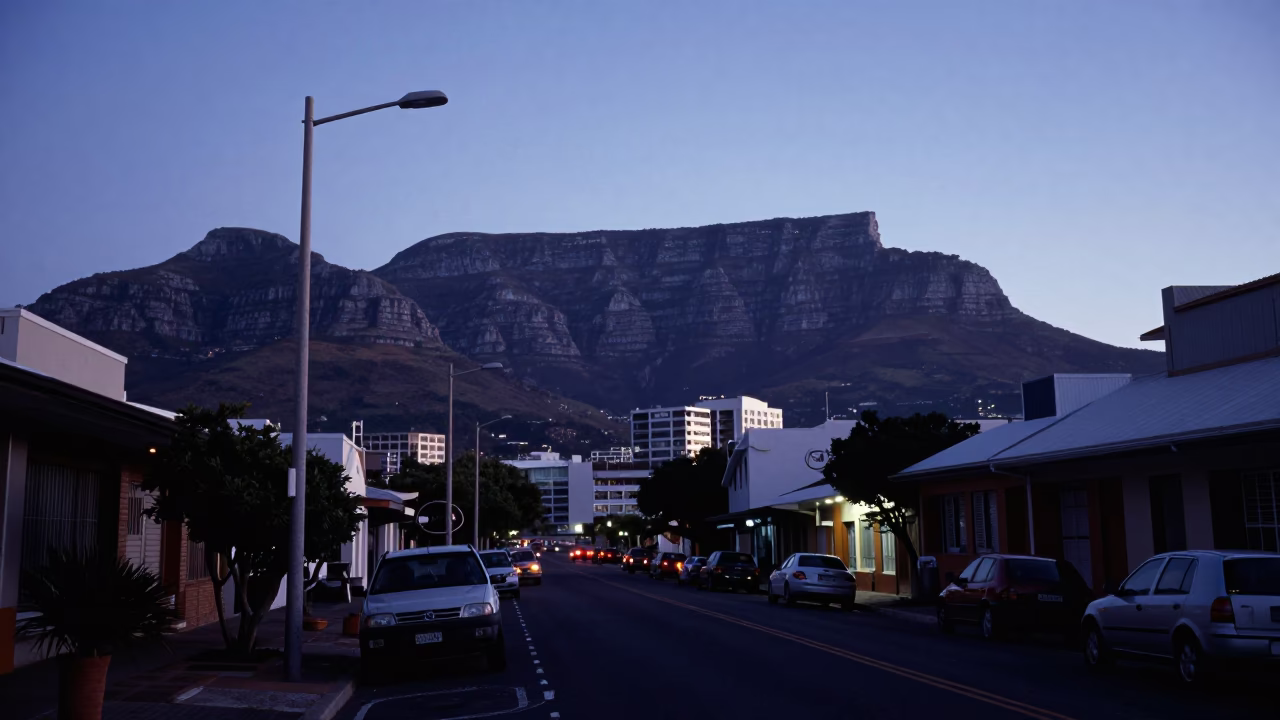 Cape Town Pre-Dawn Street Scene with Table Mountain and Urban Details in in Cape Town, South Africa