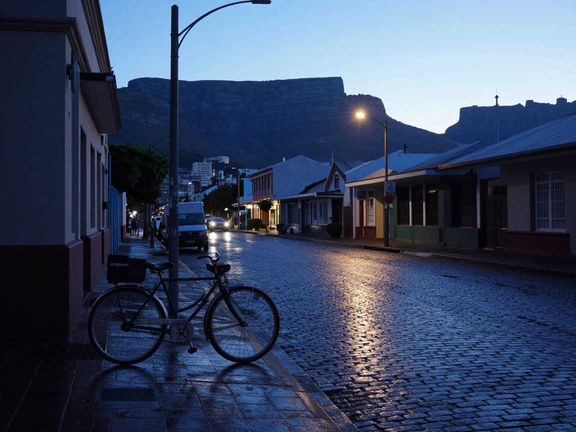 Cape Town Pre-Dawn Street Scene with Vintage Bicycle and Urban Architecture in in Cape Town, South Africa