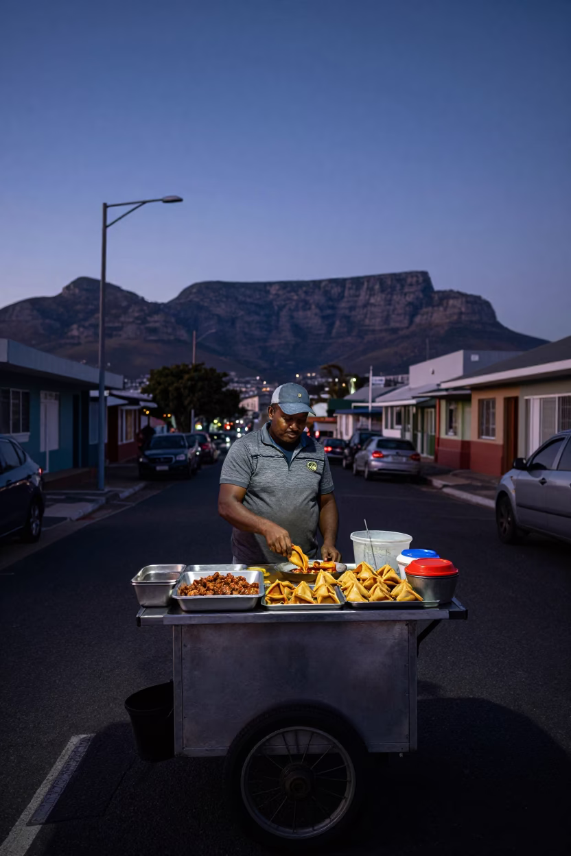 Cape Town Pre-Dawn Street Vendor Serving Spiced Meat Sambusas Near Table Mountain in in Cape Town, South Africa