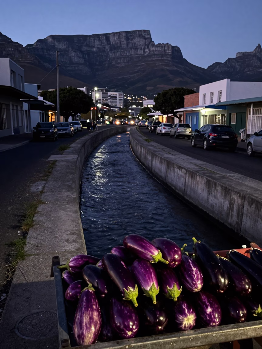 Cape Town Predawn Street Scene with Concrete Canal and Eggplants in in Cape Town, South Africa