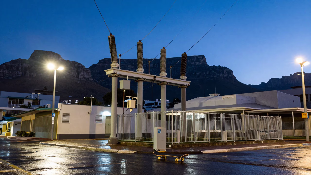 Cape Town Predawn Street Scene with Skateboard and Substation Insulators Sparkling Under Floodlights in in Cape Town, South Africa