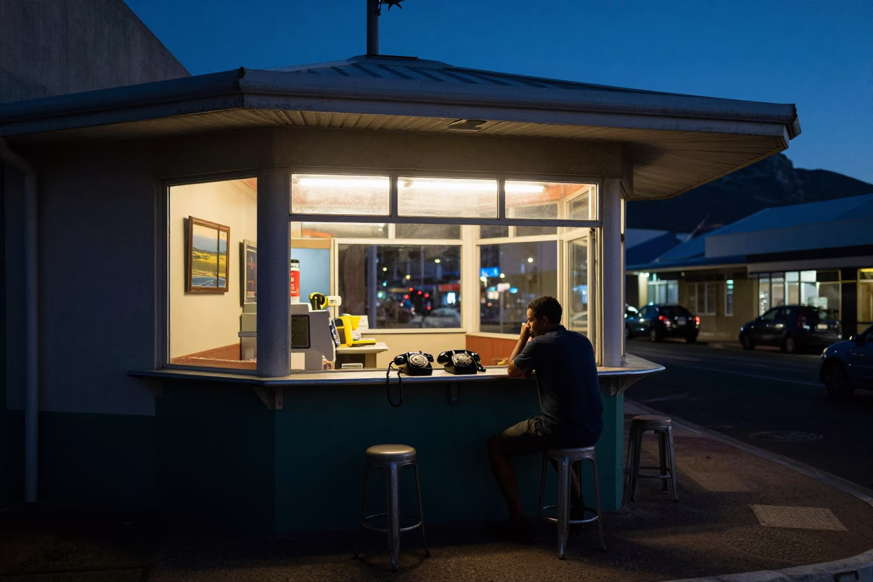 Cape Town Predawn Street Scene with Vintage Bakelite Telephone on Reception Desk in in Cape Town, South Africa