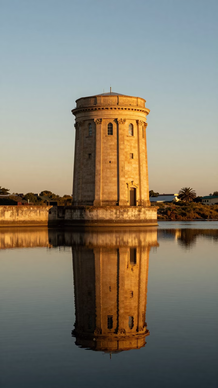 Cape Town reservoir intake tower mirrored in still water during honeyed evening light in in Cape Town, South Africa
