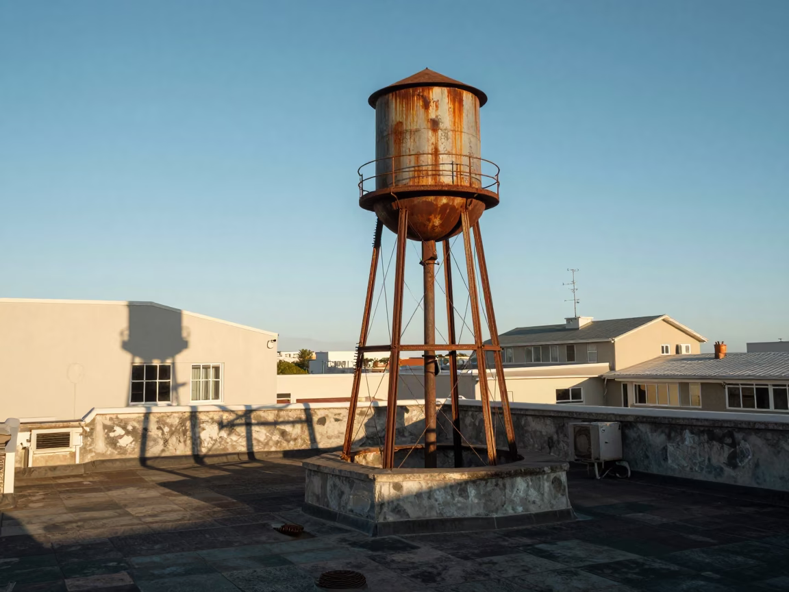 Cape Town Rooftop Water Tower and Wicker Drain Shadow in Late Afternoon Light in in Cape Town, South Africa