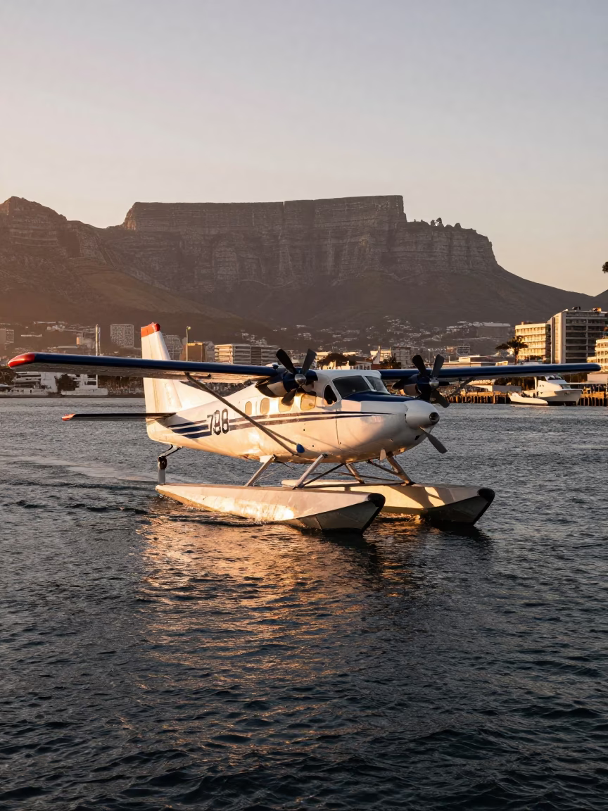Cape Town Seaplane Landing at Copper-toned Light Before Dusk in in Cape Town, South Africa