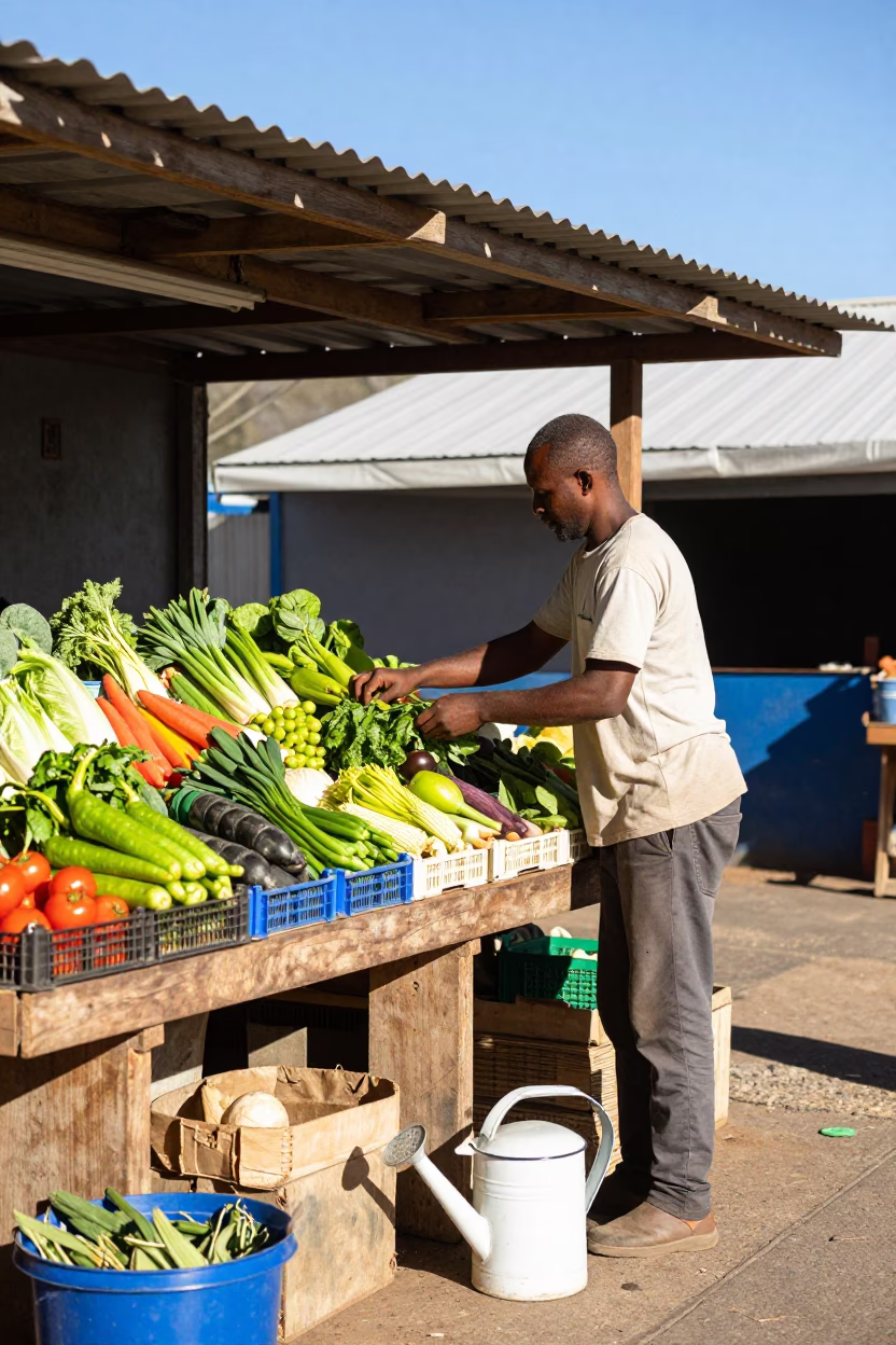 Cape Town Shopkeeper Sorting Produce Under Bright Afternoon Sunlight in in Cape Town, South Africa
