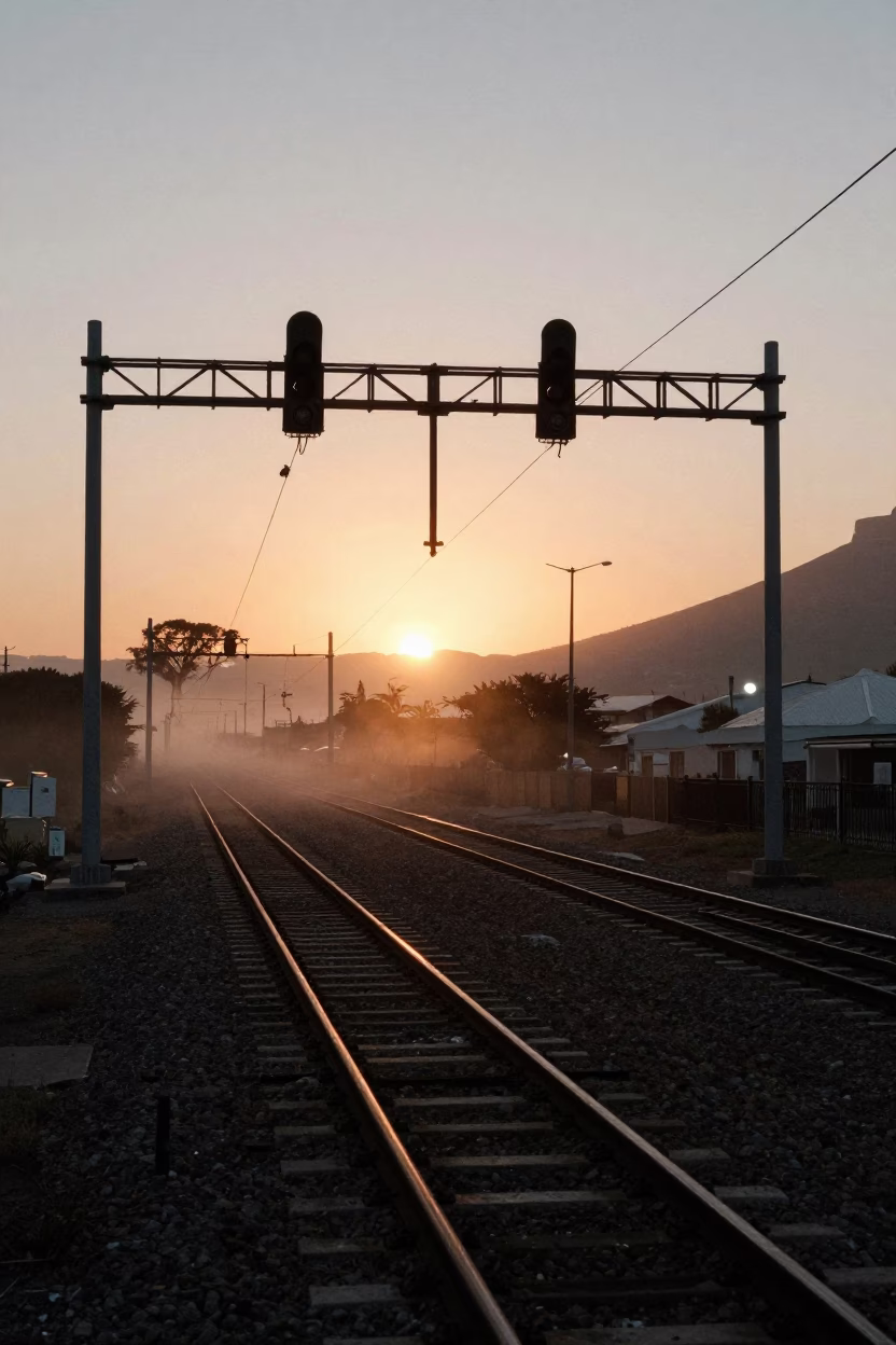 Cape Town Signal Gantry and Rail Lines at Sunset with Mist in in Cape Town, South Africa