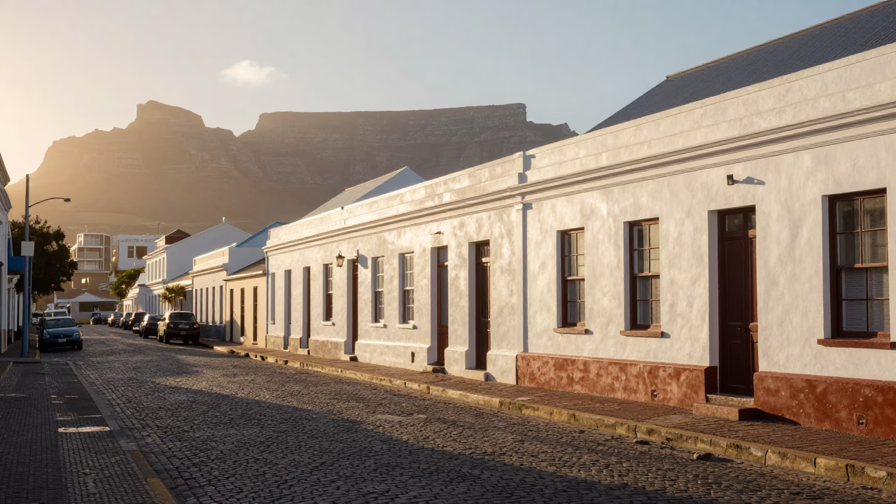 Cape Town South Africa Sunrise Street Scene with Vintage 1970s Aesthetic and Local Details in in Cape Town, South Africa