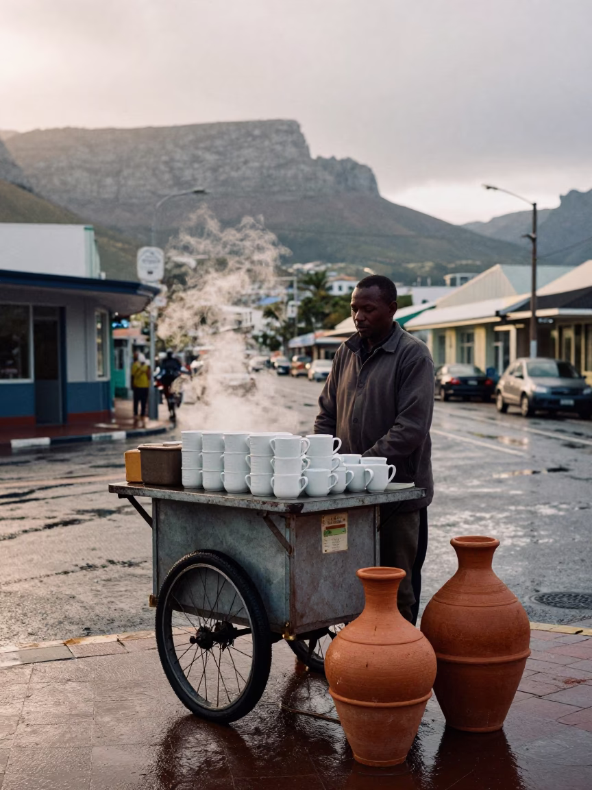 Cape Town Street Corner After Rain First Light Coffee and Clay Pots in in Cape Town, South Africa