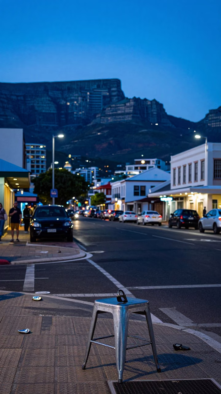 Cape Town street corner at blue hour with padlock and work stool in in Cape Town, South Africa