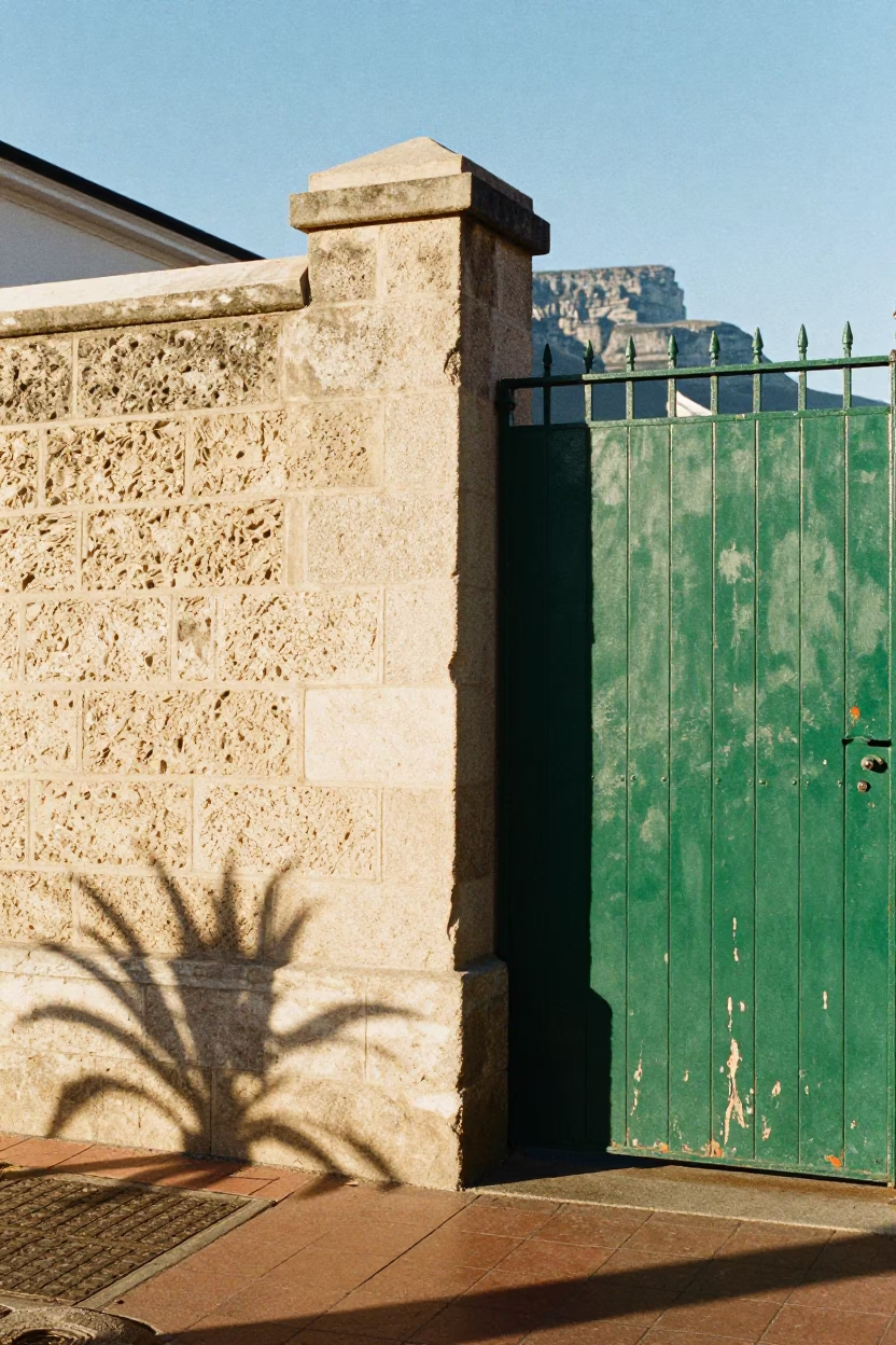 Cape Town Street Corner Morning Light with Green Gate and Potted Plants in in Cape Town, South Africa