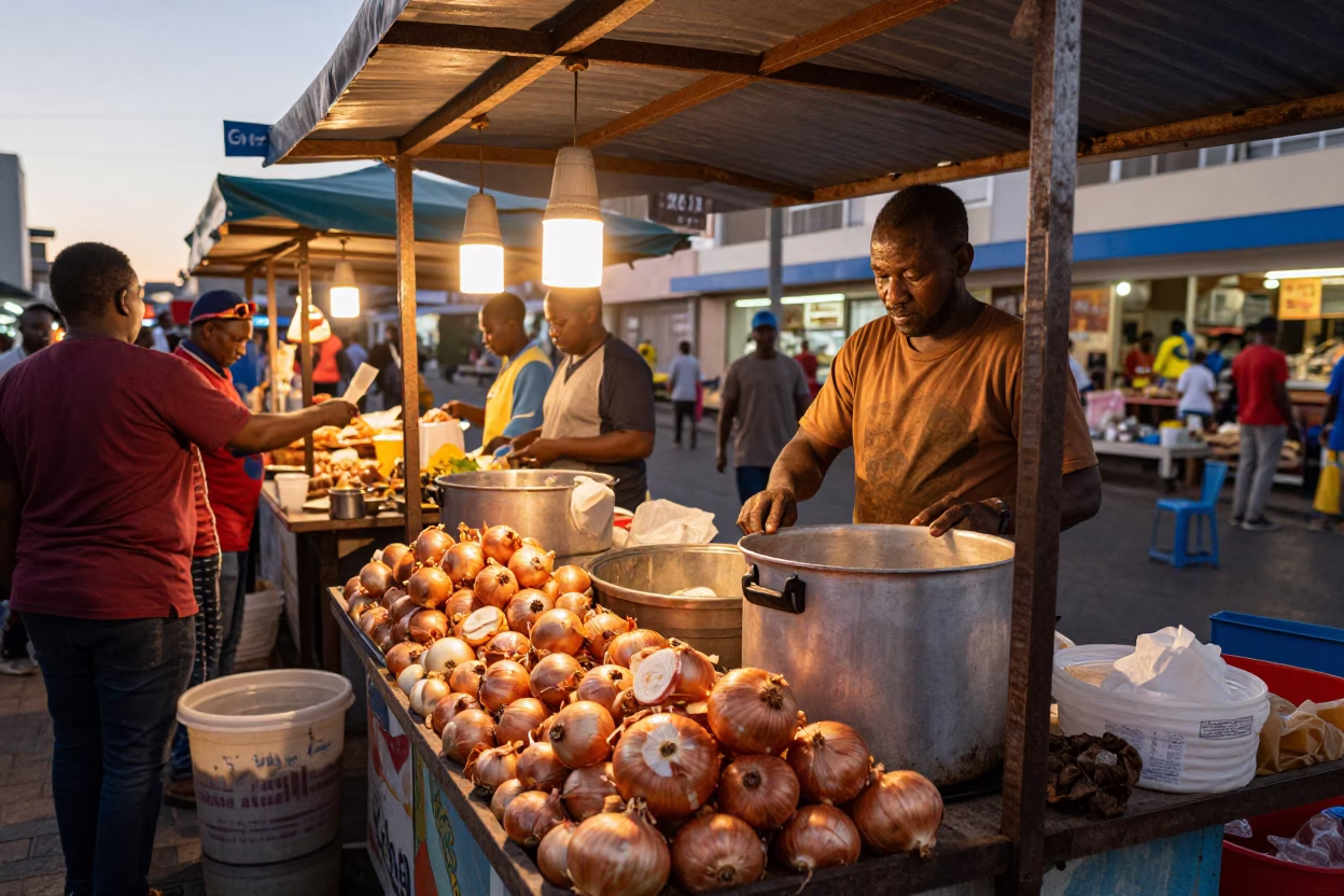 Cape Town street food vendor evening scene with onions and brick wall in in Cape Town, South Africa