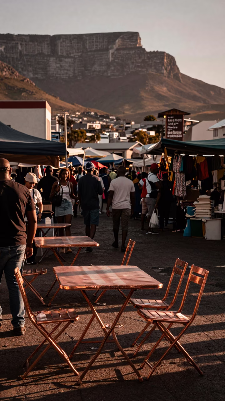 Cape Town Street Market Scene with Folding Tables Under Copper Dusk Light Before Sunset in in Cape Town, South Africa