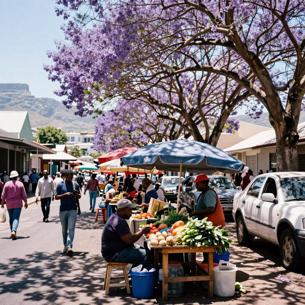 Cape Town Street Market Scene with Purple Jacaranda Blooms and Local Commerce in in Cape Town, South Africa
