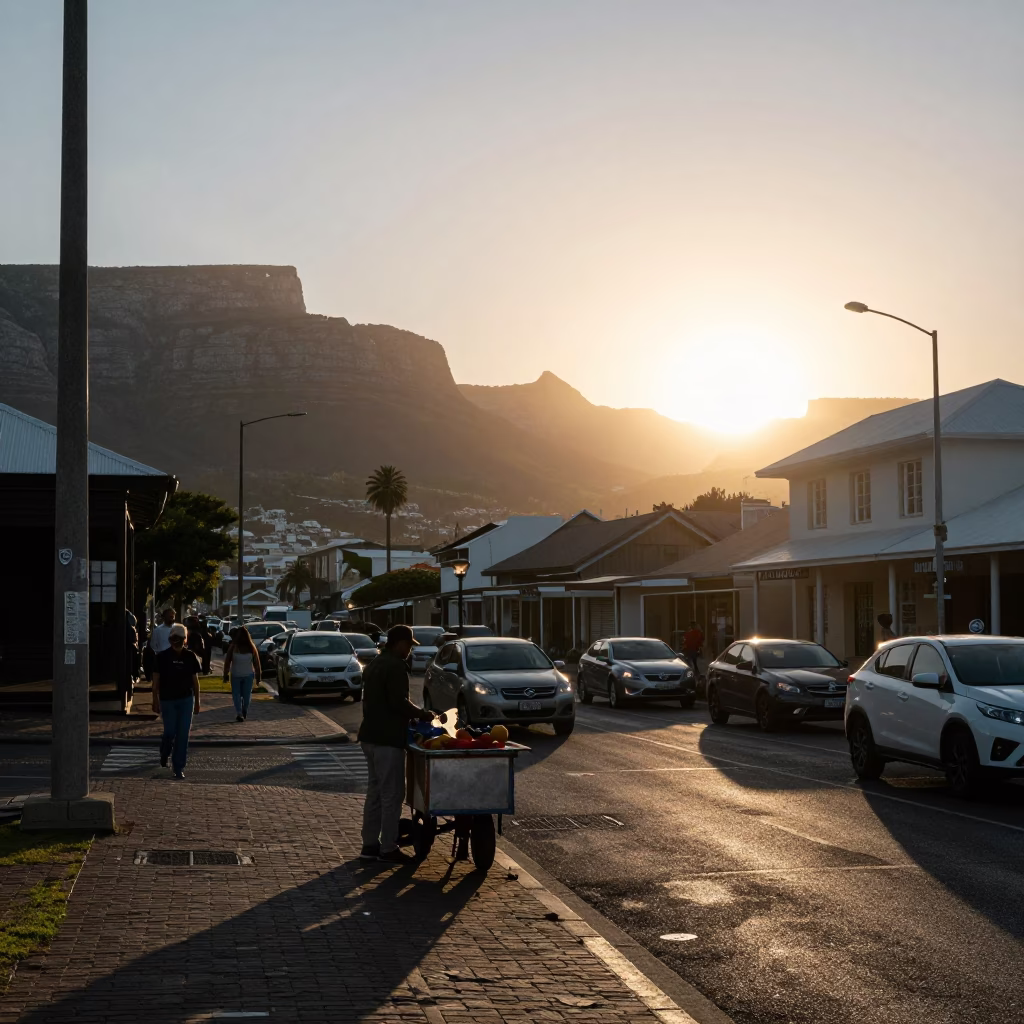 Cape Town Street Scene at As The Sun Drops Toward The Horizon in in Cape Town, South Africa